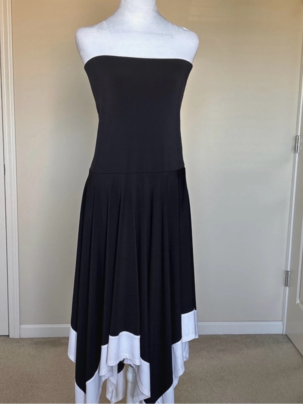 Ashro Black Strapless Handkerchief-Hem Dress with White Trim